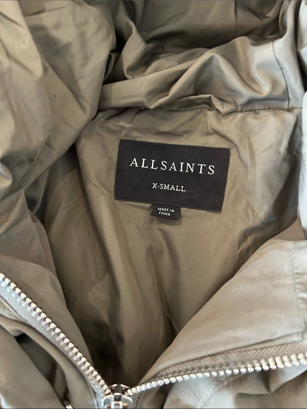 All Saints Hooded Long Puffer Coat in Olive